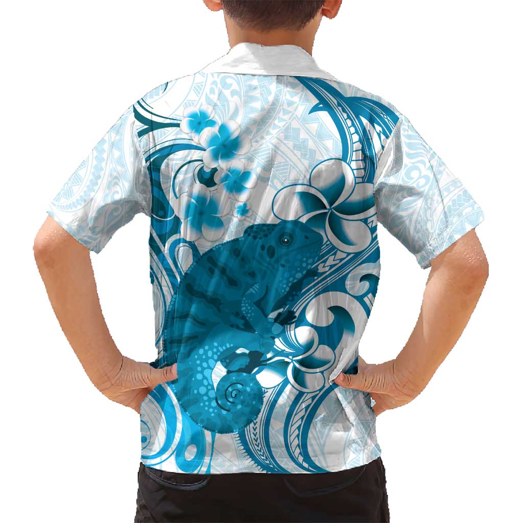 Cyan And White Hawaii Chameleon Family Matching Off Shoulder Maxi Dress and Hawaiian Shirt Plumeria Polynesian Tribal Art LT14 - Polynesian Pride