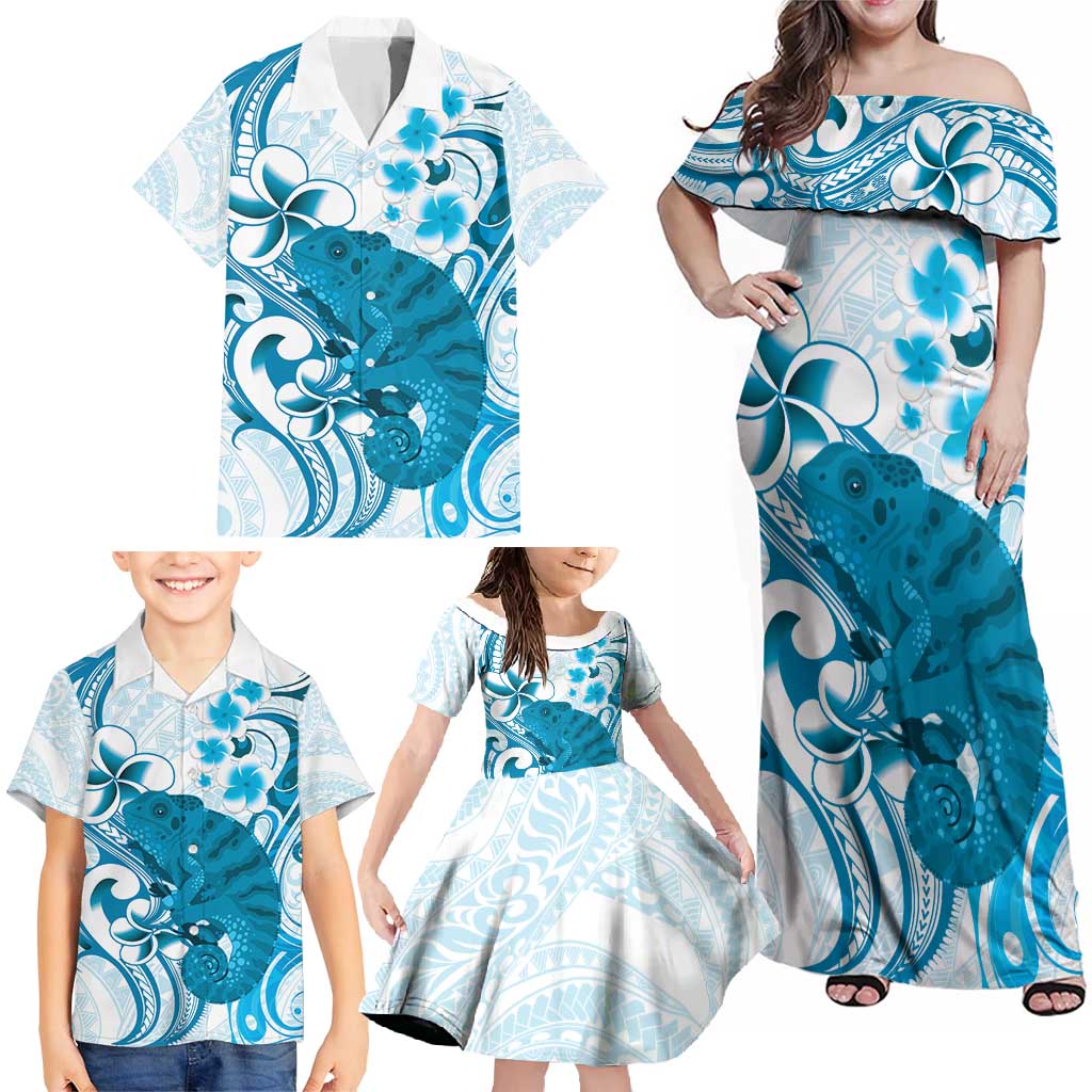 Cyan And White Hawaii Chameleon Family Matching Off Shoulder Maxi Dress and Hawaiian Shirt Plumeria Polynesian Tribal Art LT14 - Polynesian Pride