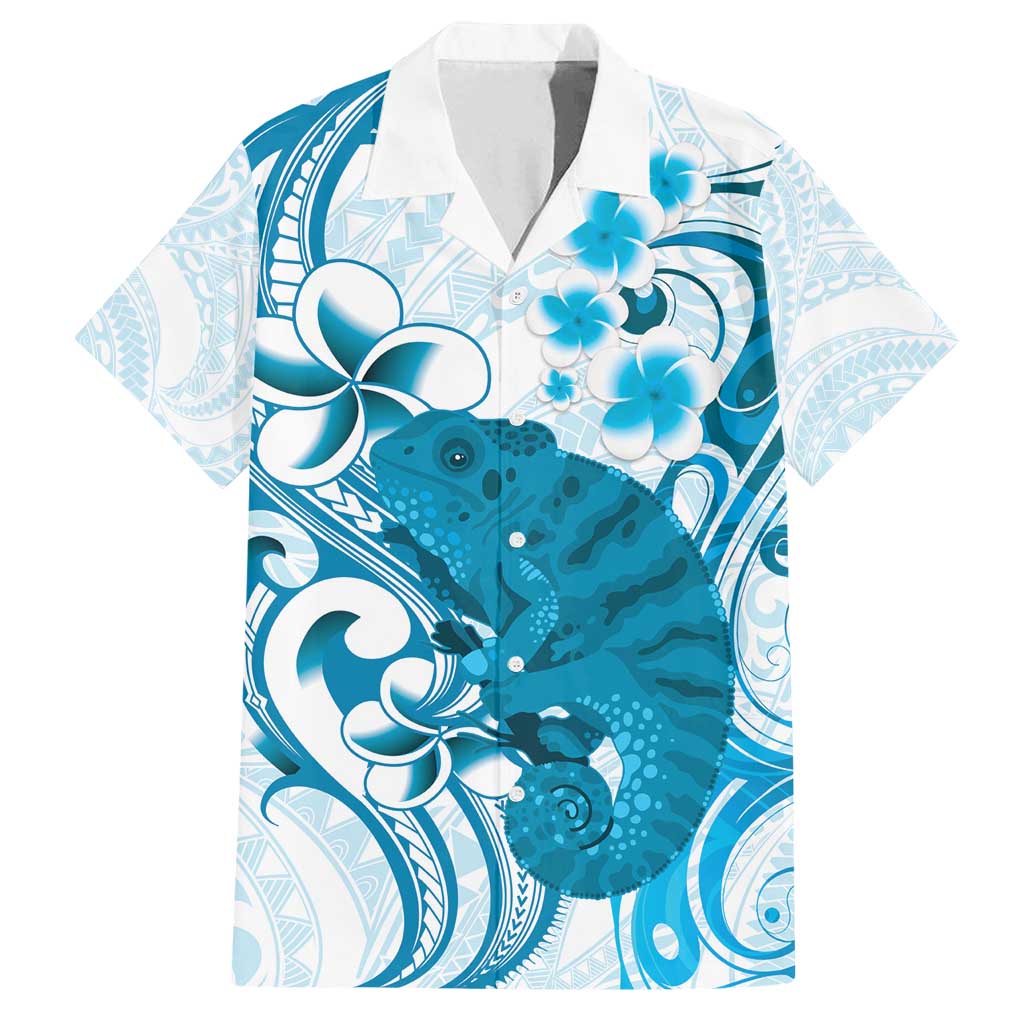 Cyan And White Hawaii Chameleon Family Matching Off Shoulder Maxi Dress and Hawaiian Shirt Plumeria Polynesian Tribal Art LT14 Dad's Shirt - Short Sleeve Cyan - Polynesian Pride