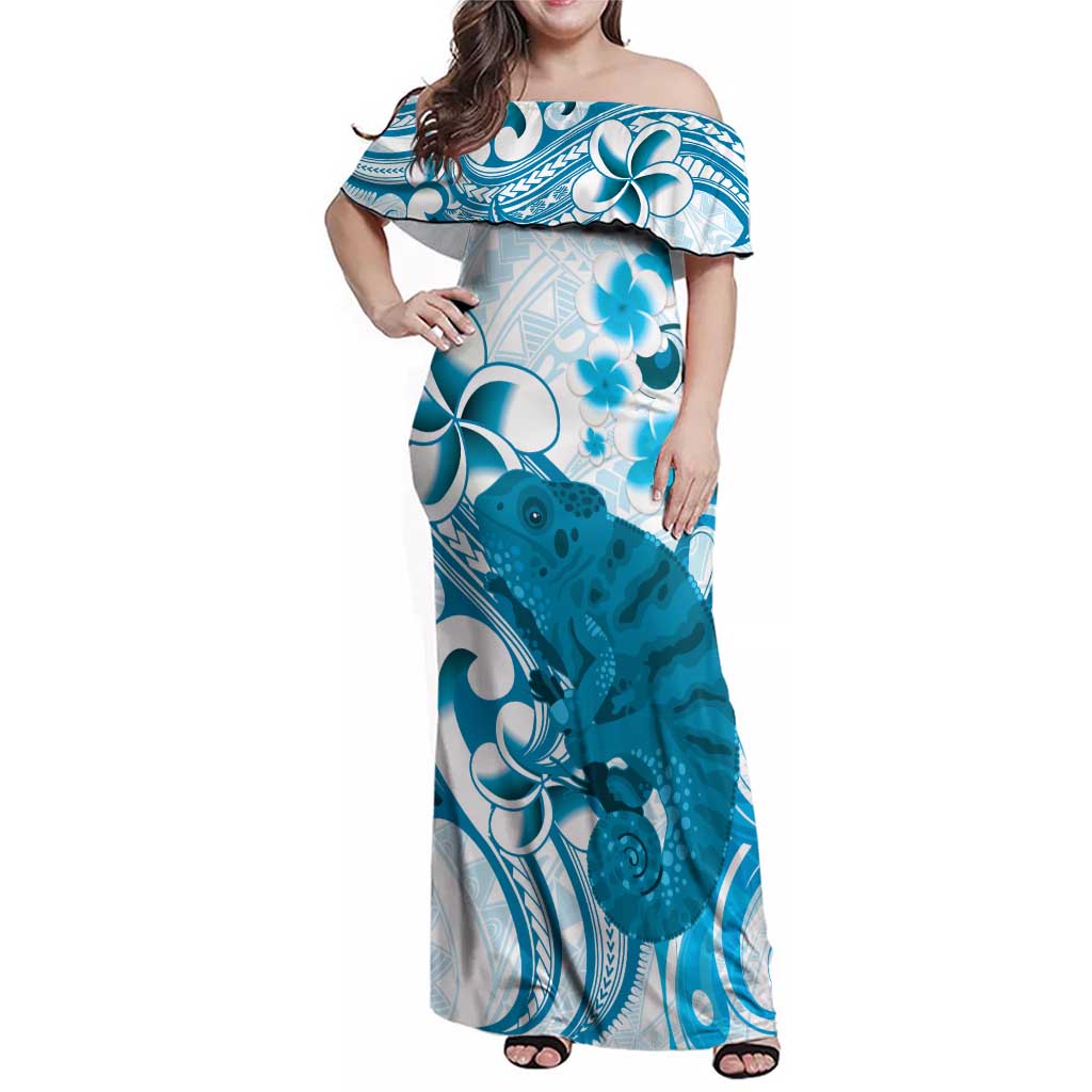 Cyan And White Hawaii Chameleon Family Matching Off Shoulder Maxi Dress and Hawaiian Shirt Plumeria Polynesian Tribal Art LT14 Mom's Dress Cyan - Polynesian Pride