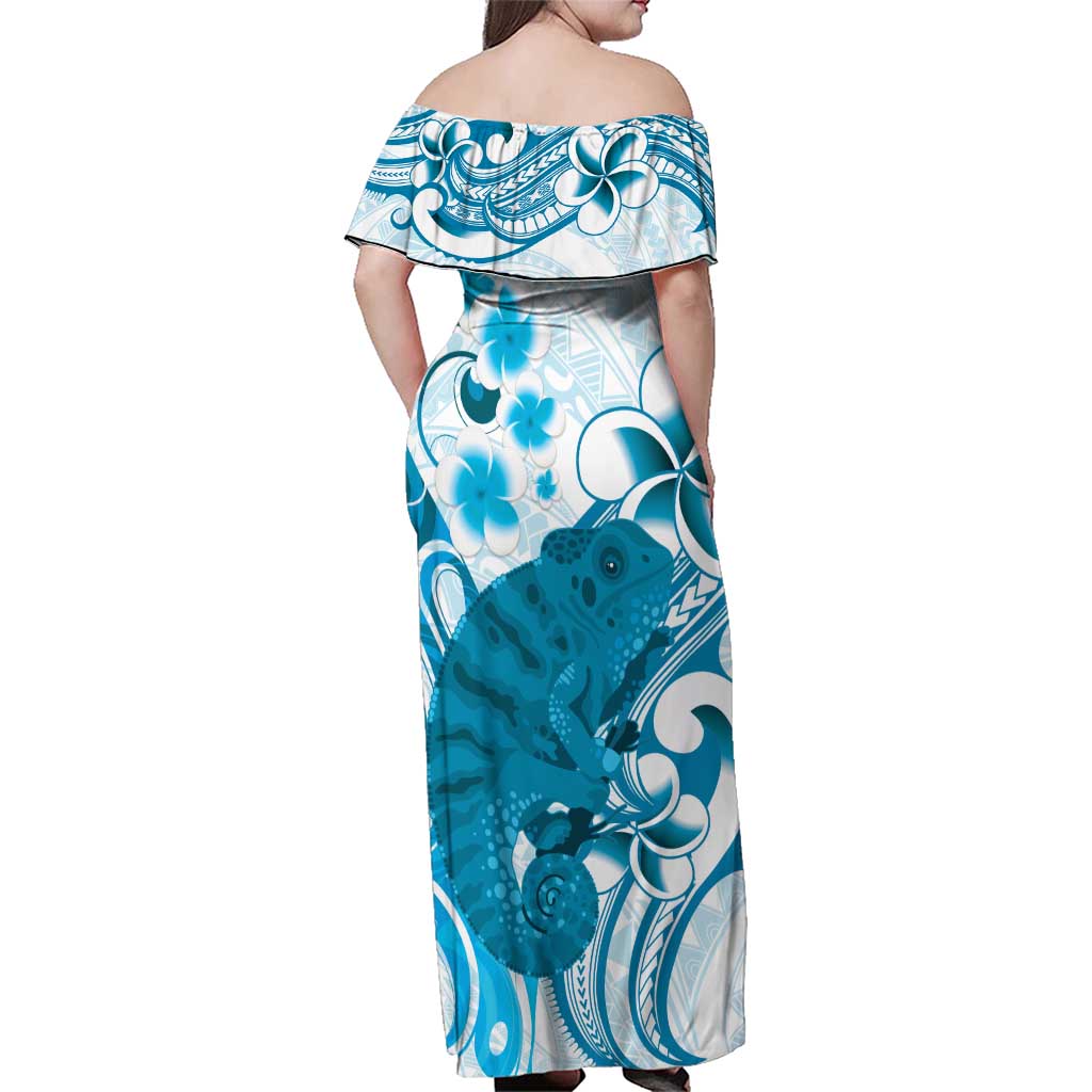 Cyan And White Hawaii Chameleon Family Matching Off Shoulder Maxi Dress and Hawaiian Shirt Plumeria Polynesian Tribal Art LT14 - Polynesian Pride