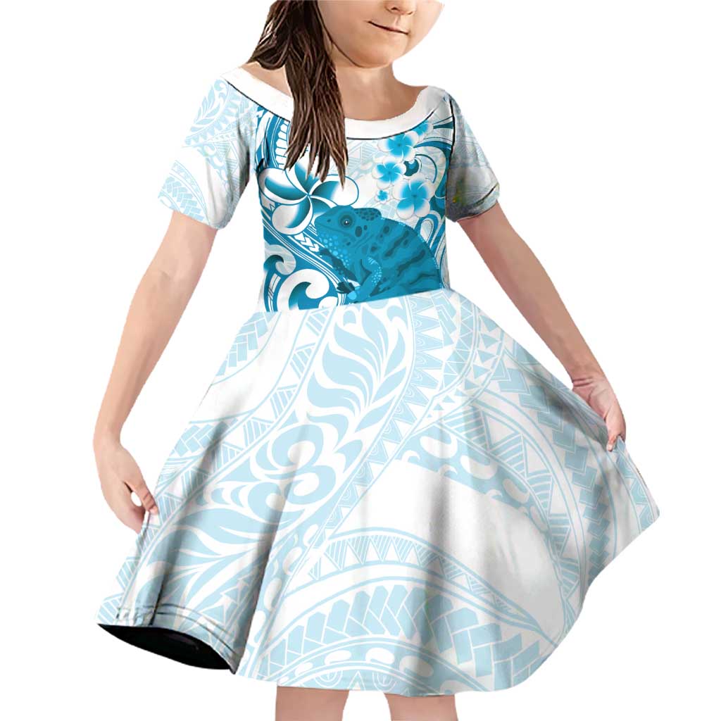 Cyan And White Hawaii Chameleon Family Matching Off Shoulder Short Dress and Hawaiian Shirt Plumeria Polynesian Tribal Art LT14 Daughter's Dress Cyan - Polynesian Pride