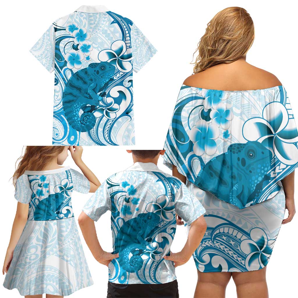 Cyan And White Hawaii Chameleon Family Matching Off Shoulder Short Dress and Hawaiian Shirt Plumeria Polynesian Tribal Art LT14 - Polynesian Pride