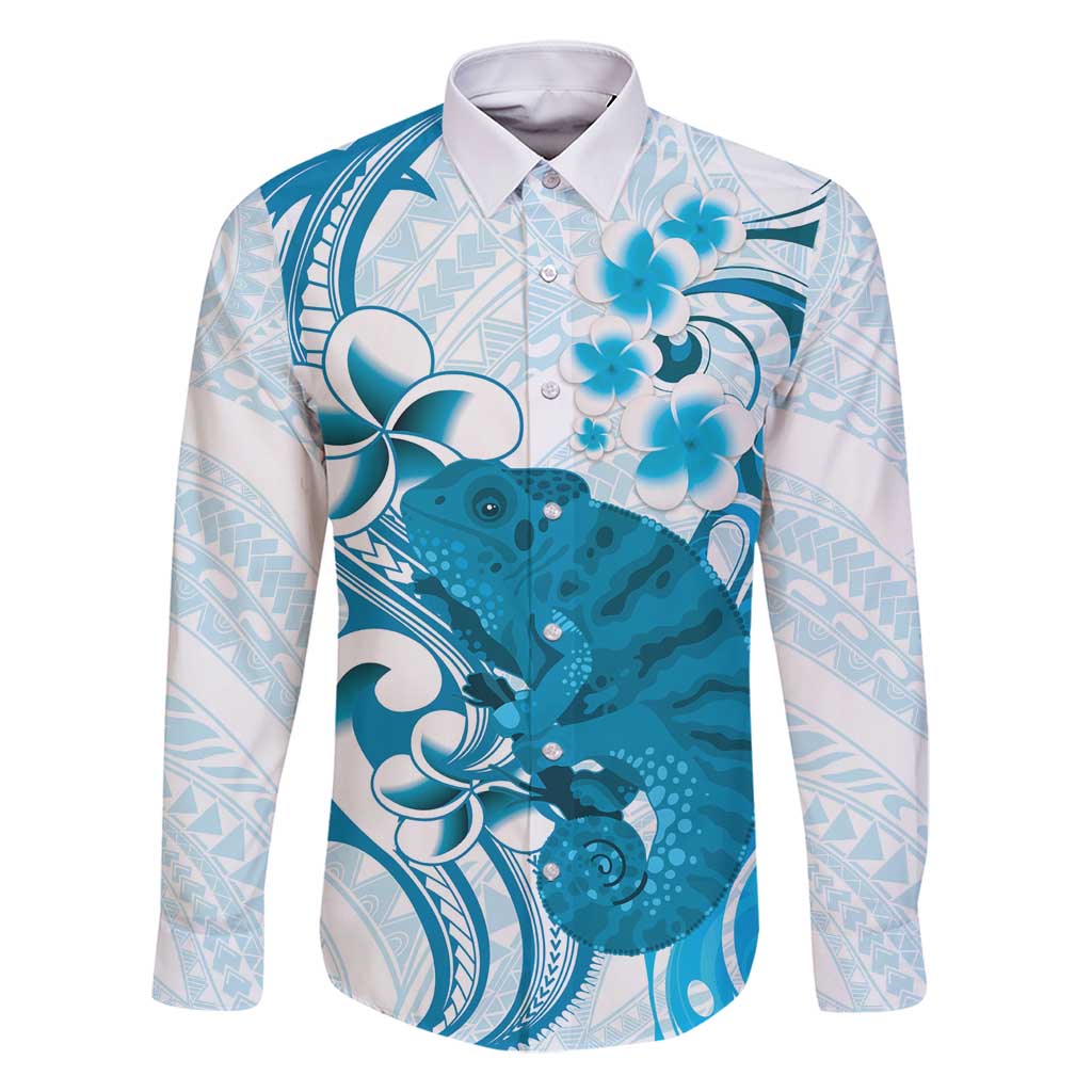 Cyan And White Hawaii Chameleon Family Matching Off Shoulder Short Dress and Hawaiian Shirt Plumeria Polynesian Tribal Art LT14 Dad's Shirt - Long Sleeve Cyan - Polynesian Pride
