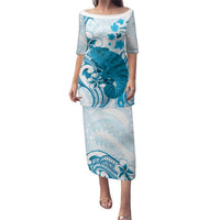 Cyan And White Hawaii Chameleon Family Matching Puletasi and Hawaiian Shirt Plumeria Polynesian Tribal Art LT14 Mom's Dress Cyan - Polynesian Pride
