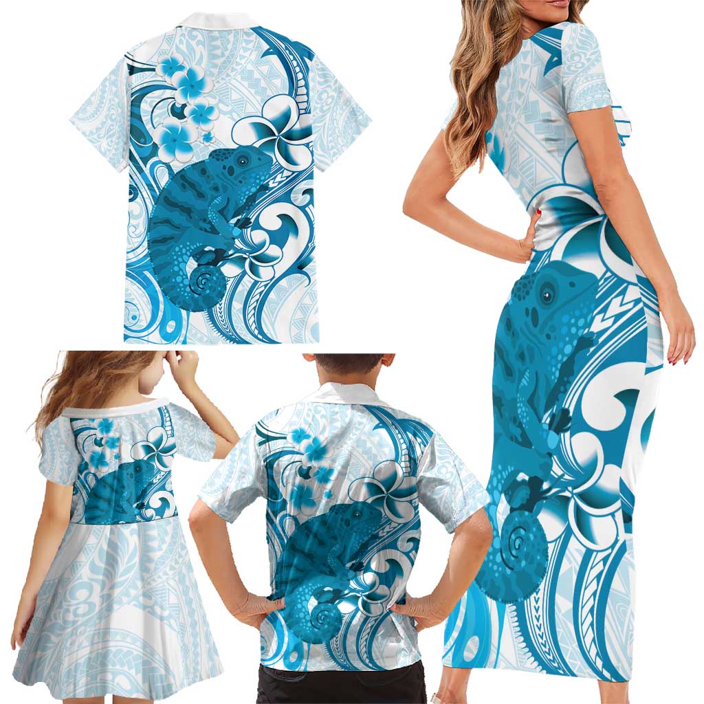 Cyan And White Hawaii Chameleon Family Matching Short Sleeve Bodycon Dress and Hawaiian Shirt Plumeria Polynesian Tribal Art LT14 - Polynesian Pride