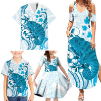 Cyan And White Hawaii Chameleon Family Matching Summer Maxi Dress and Hawaiian Shirt Plumeria Polynesian Tribal Art LT14 - Polynesian Pride