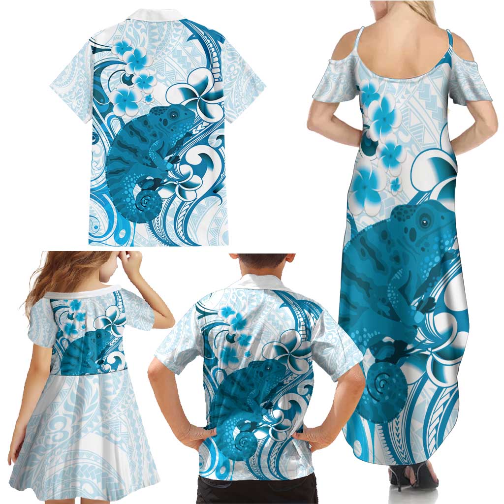 Cyan And White Hawaii Chameleon Family Matching Summer Maxi Dress and Hawaiian Shirt Plumeria Polynesian Tribal Art LT14 - Polynesian Pride
