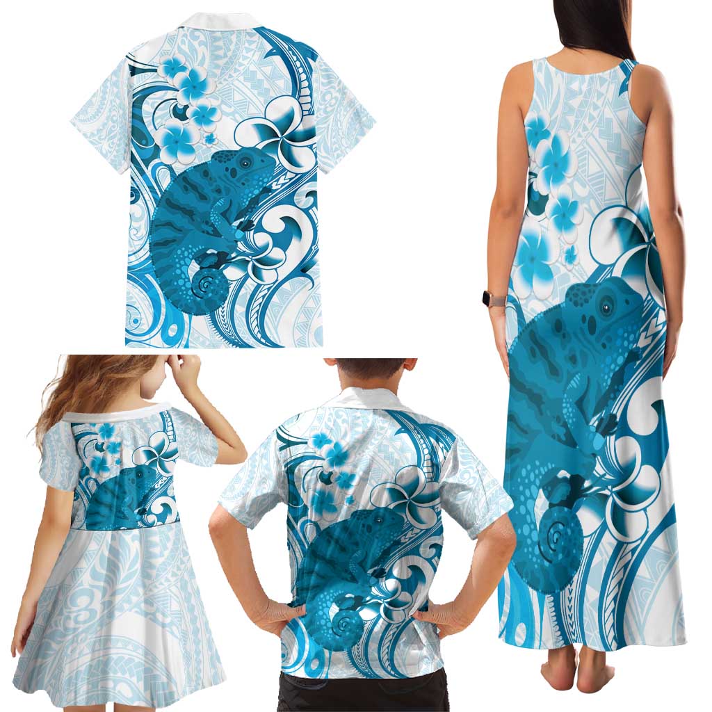 Cyan And White Hawaii Chameleon Family Matching Tank Maxi Dress and Hawaiian Shirt Plumeria Polynesian Tribal Art LT14 - Polynesian Pride