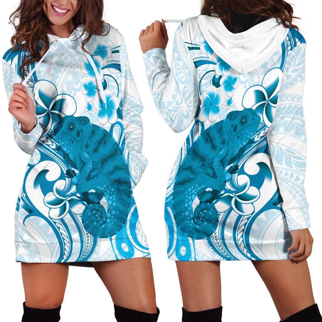Cyan And White Hawaii Chameleon Hoodie Dress Plumeria Polynesian Tribal Art LT14 - Polynesian Pride