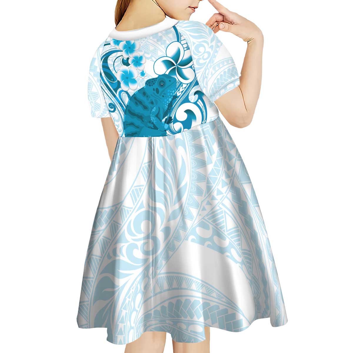 Cyan And White Hawaii Chameleon Kid Short Sleeve Dress Plumeria Polynesian Tribal Art LT14 - Polynesian Pride