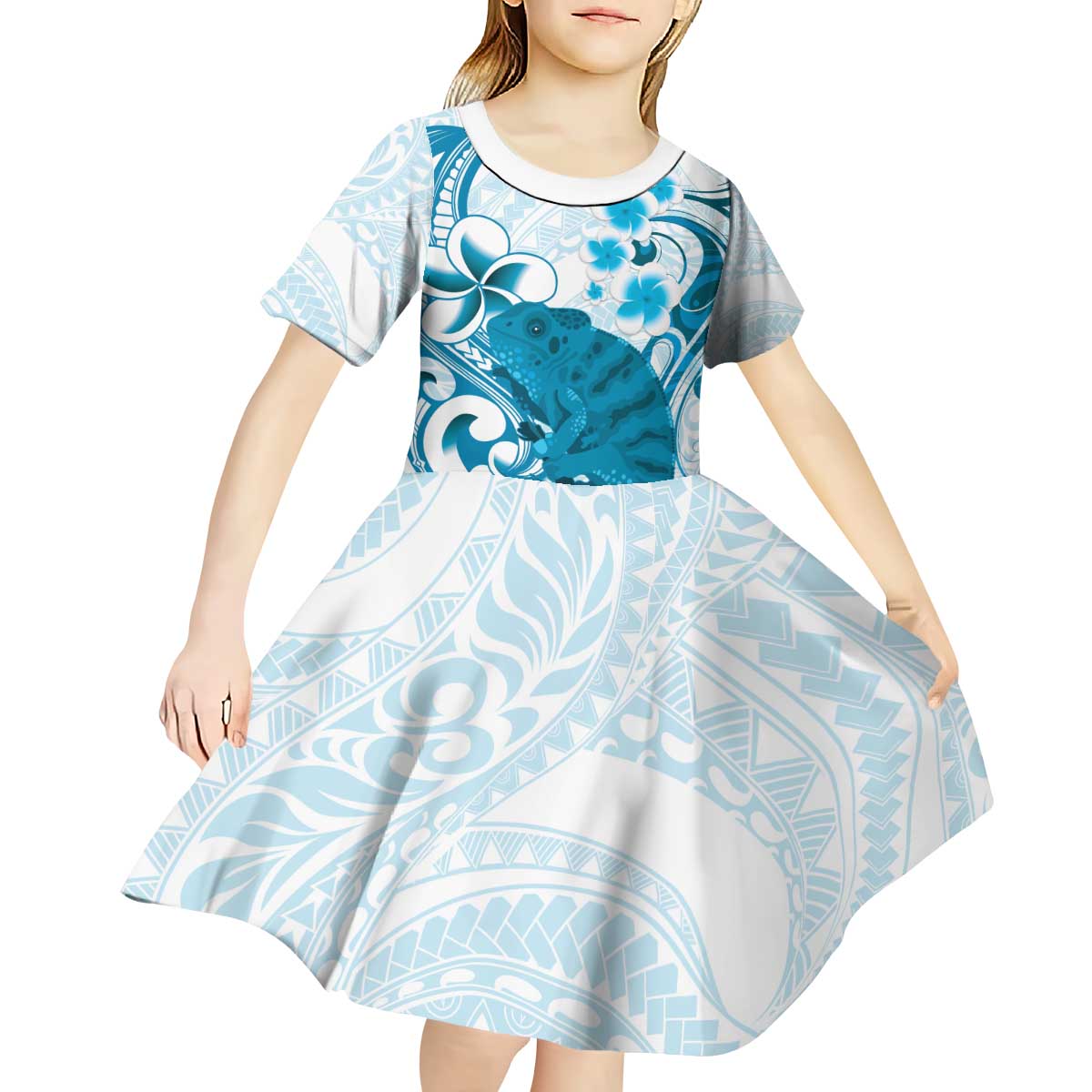 Cyan And White Hawaii Chameleon Kid Short Sleeve Dress Plumeria Polynesian Tribal Art LT14 - Polynesian Pride
