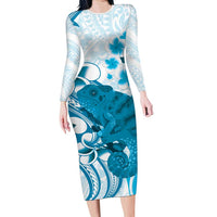 Cyan And White Hawaii Chameleon Long Sleeve Bodycon Dress Plumeria Polynesian Tribal Art LT14 Long Dress Cyan - Polynesian Pride