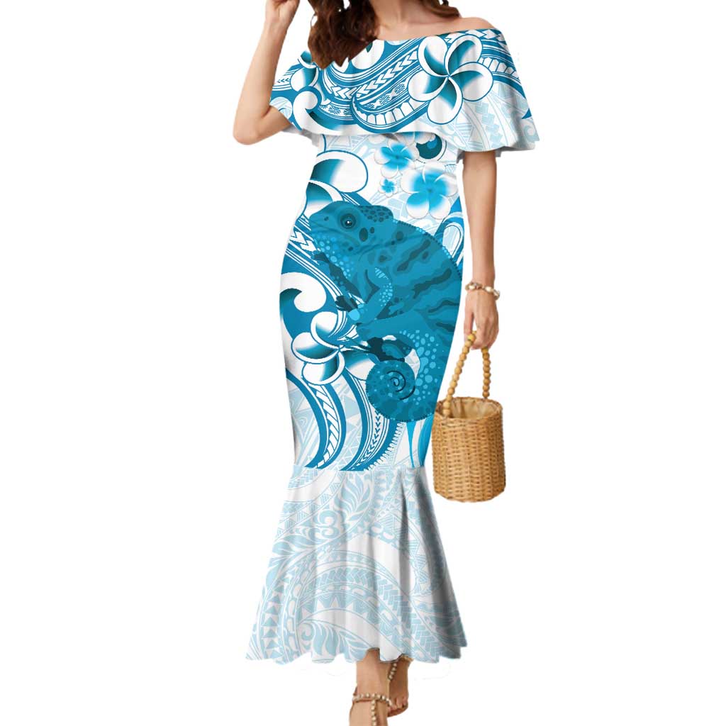 Cyan And White Hawaii Chameleon Mermaid Dress Plumeria Polynesian Tribal Art LT14 Women Cyan - Polynesian Pride