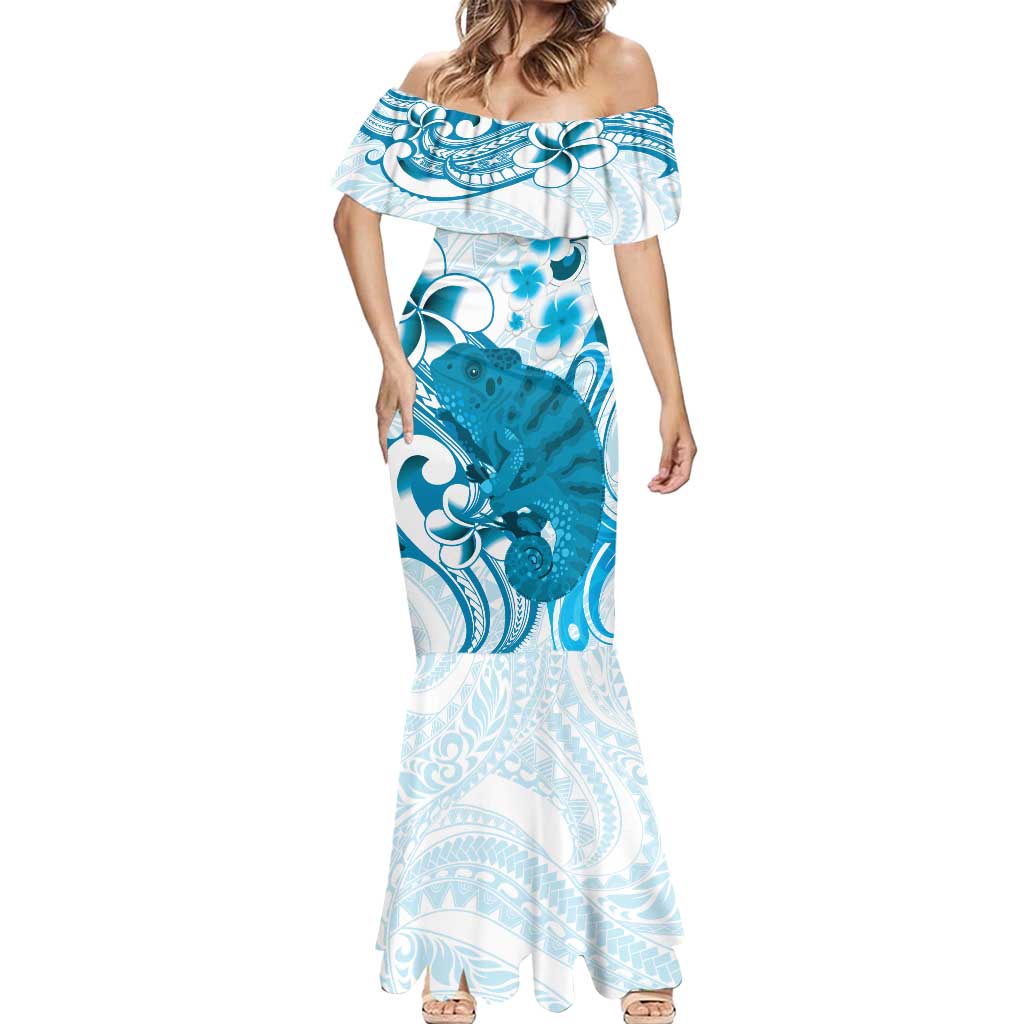 Cyan And White Hawaii Chameleon Mermaid Dress Plumeria Polynesian Tribal Art LT14 - Polynesian Pride