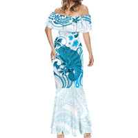 Cyan And White Hawaii Chameleon Mermaid Dress Plumeria Polynesian Tribal Art LT14 - Polynesian Pride
