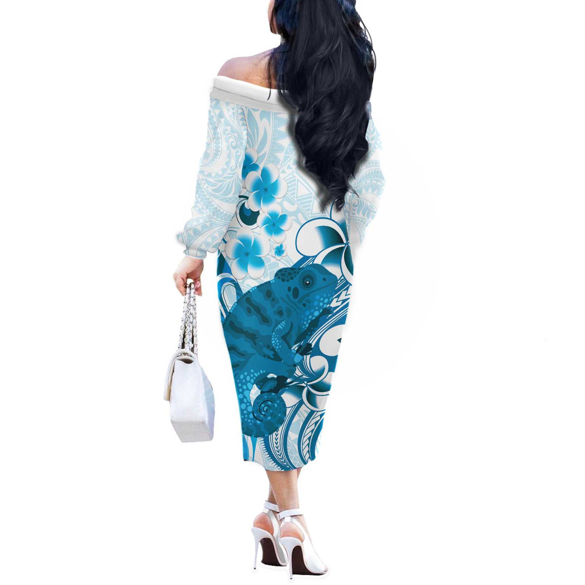 Cyan And White Hawaii Chameleon Off The Shoulder Long Sleeve Dress Plumeria Polynesian Tribal Art LT14 - Polynesian Pride