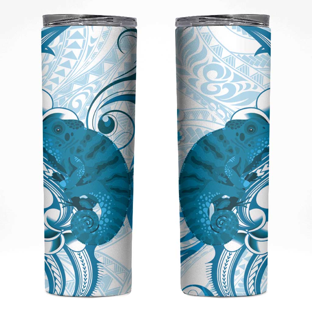 Cyan And White Hawaii Chameleon Skinny Tumbler Plumeria Polynesian Tribal Art LT14 Cyan - Polynesian Pride