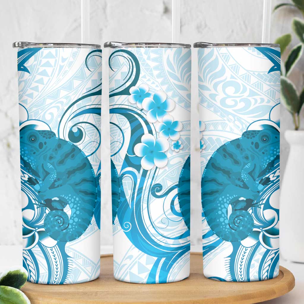 Cyan And White Hawaii Chameleon Skinny Tumbler Plumeria Polynesian Tribal Art LT14 - Polynesian Pride