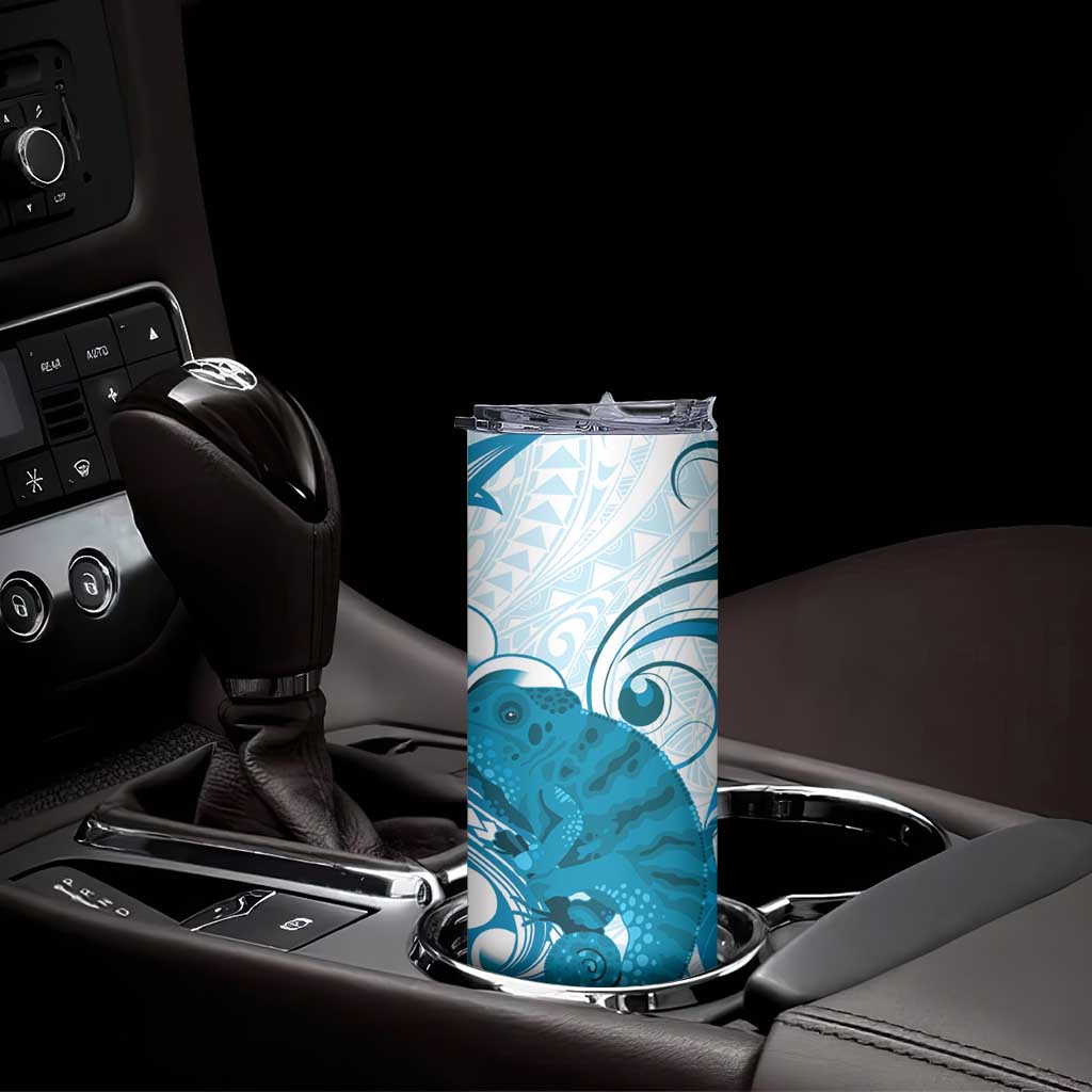 Cyan And White Hawaii Chameleon Skinny Tumbler Plumeria Polynesian Tribal Art LT14 - Polynesian Pride