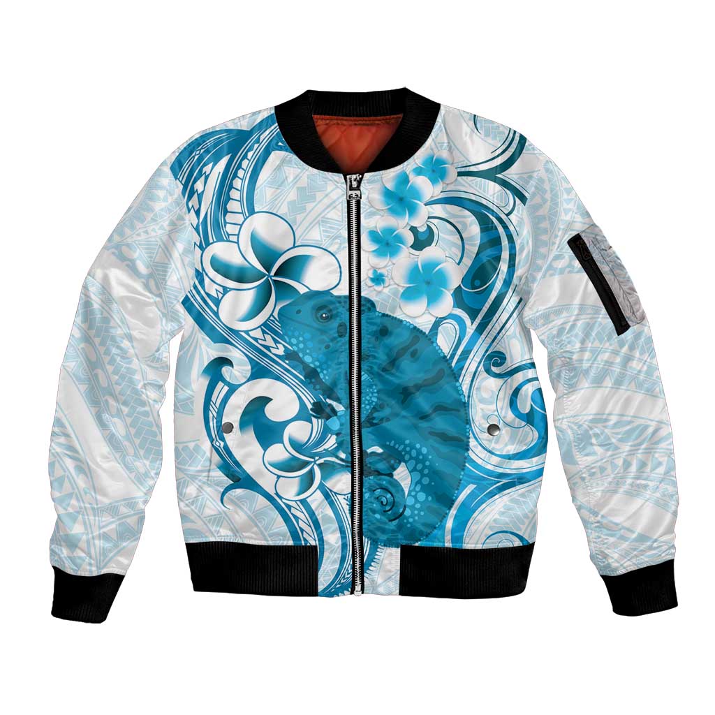 Cyan And White Hawaii Chameleon Sleeve Zip Bomber Jacket Plumeria Polynesian Tribal Art LT14 Unisex Cyan - Polynesian Pride