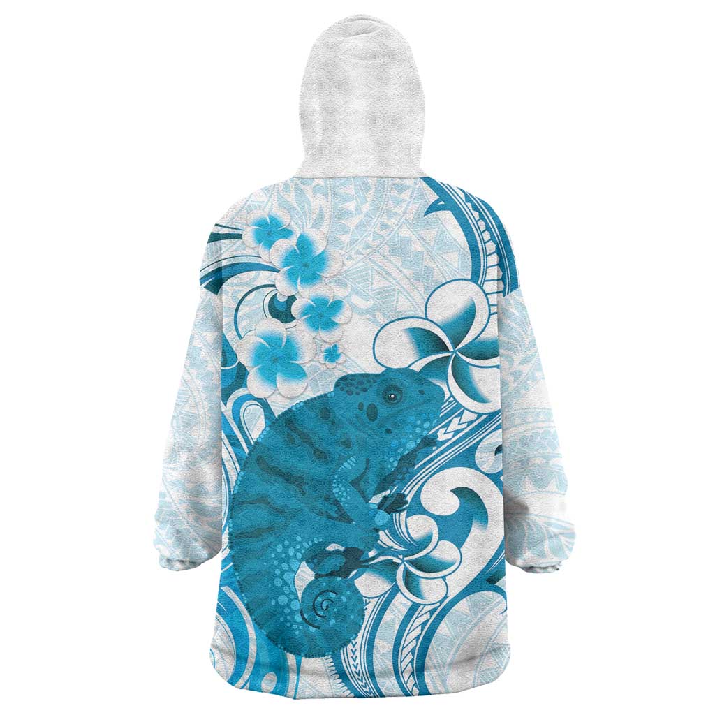 Cyan And White Hawaii Chameleon Wearable Blanket Hoodie Plumeria Polynesian Tribal Art LT14 - Polynesian Pride