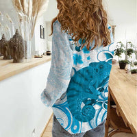 Cyan And White Hawaii Chameleon Women Casual Shirt Plumeria Polynesian Tribal Art LT14 - Polynesian Pride