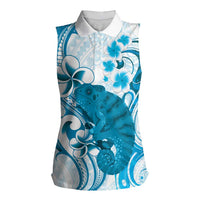 Cyan And White Hawaii Chameleon Women Sleeveless Polo Shirt Plumeria Polynesian Tribal Art LT14 Female Cyan - Polynesian Pride