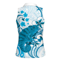 Cyan And White Hawaii Chameleon Women Sleeveless Polo Shirt Plumeria Polynesian Tribal Art LT14 - Polynesian Pride