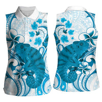 Cyan And White Hawaii Chameleon Women Sleeveless Polo Shirt Plumeria Polynesian Tribal Art LT14 - Polynesian Pride