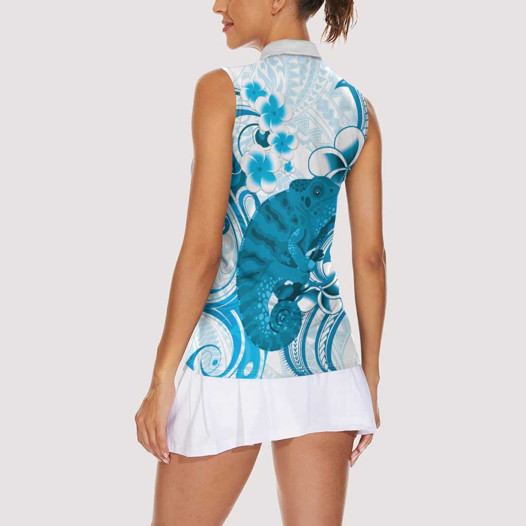 Cyan And White Hawaii Chameleon Women Sleeveless Polo Shirt Plumeria Polynesian Tribal Art LT14 - Polynesian Pride