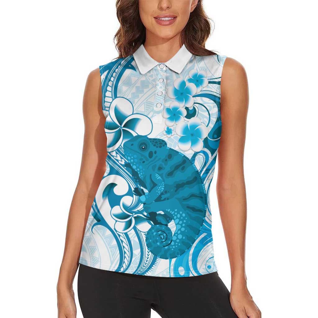 Cyan And White Hawaii Chameleon Women Sleeveless Polo Shirt Plumeria Polynesian Tribal Art LT14 - Polynesian Pride