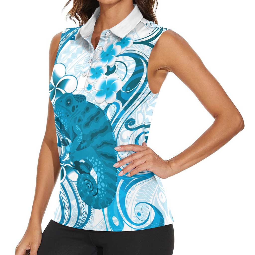 Cyan And White Hawaii Chameleon Women Sleeveless Polo Shirt Plumeria Polynesian Tribal Art LT14 - Polynesian Pride