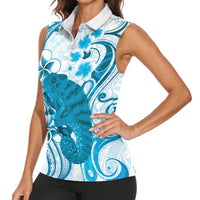 Cyan And White Hawaii Chameleon Women Sleeveless Polo Shirt Plumeria Polynesian Tribal Art LT14 - Polynesian Pride