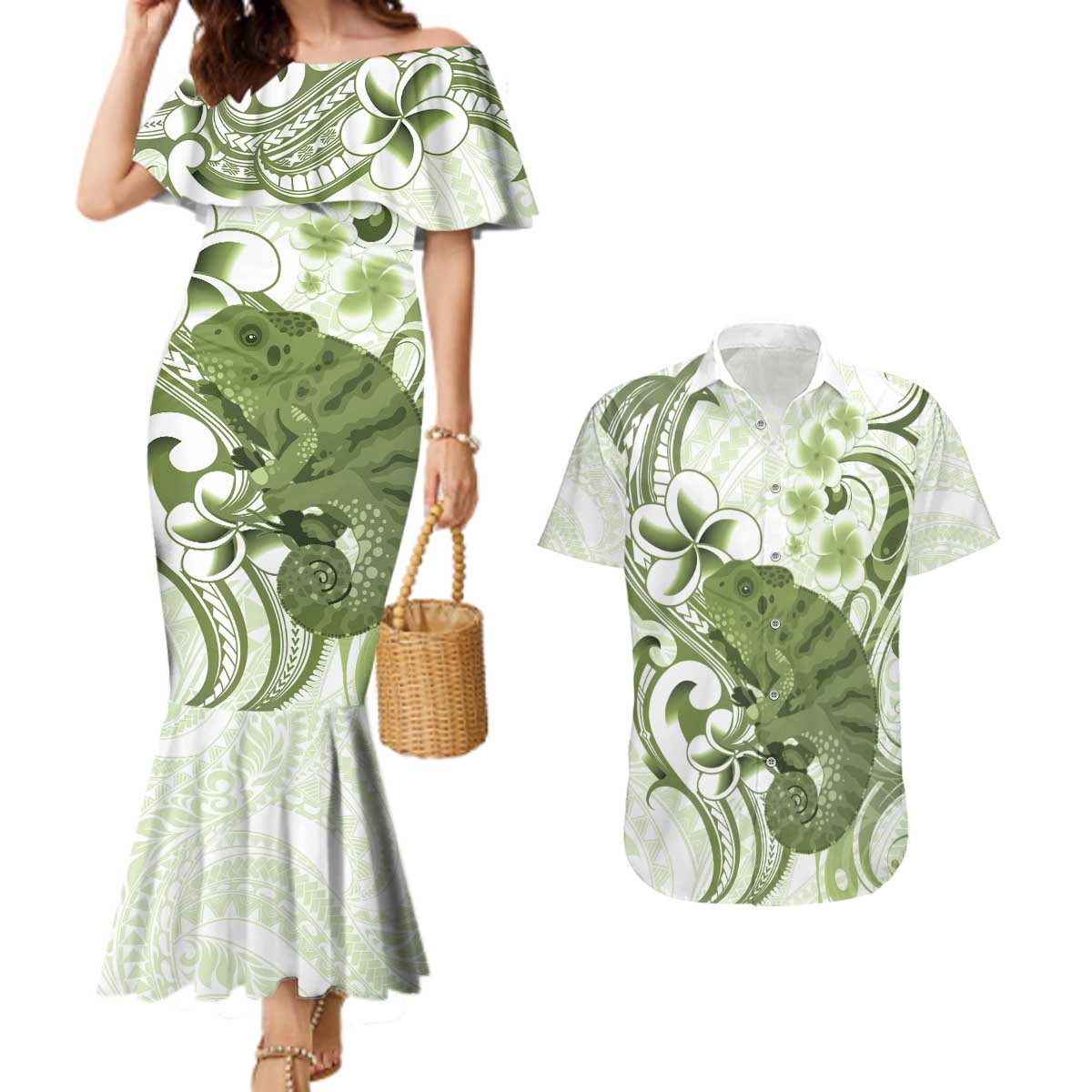 Green And White Hawaii Chameleon Couples Matching Mermaid Dress and Hawaiian Shirt Plumeria Polynesian Tribal Art LT14 Lime Green - Polynesian Pride