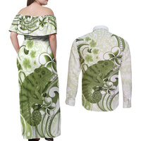 Green And White Hawaii Chameleon Couples Matching Off Shoulder Maxi Dress and Long Sleeve Button Shirt Plumeria Polynesian Tribal Art LT14 - Polynesian Pride