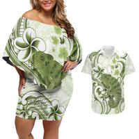 Green And White Hawaii Chameleon Couples Matching Off Shoulder Short Dress and Hawaiian Shirt Plumeria Polynesian Tribal Art LT14 Lime Green - Polynesian Pride