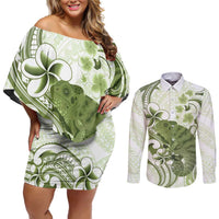 Green And White Hawaii Chameleon Couples Matching Off Shoulder Short Dress and Long Sleeve Button Shirt Plumeria Polynesian Tribal Art LT14 Lime Green - Polynesian Pride