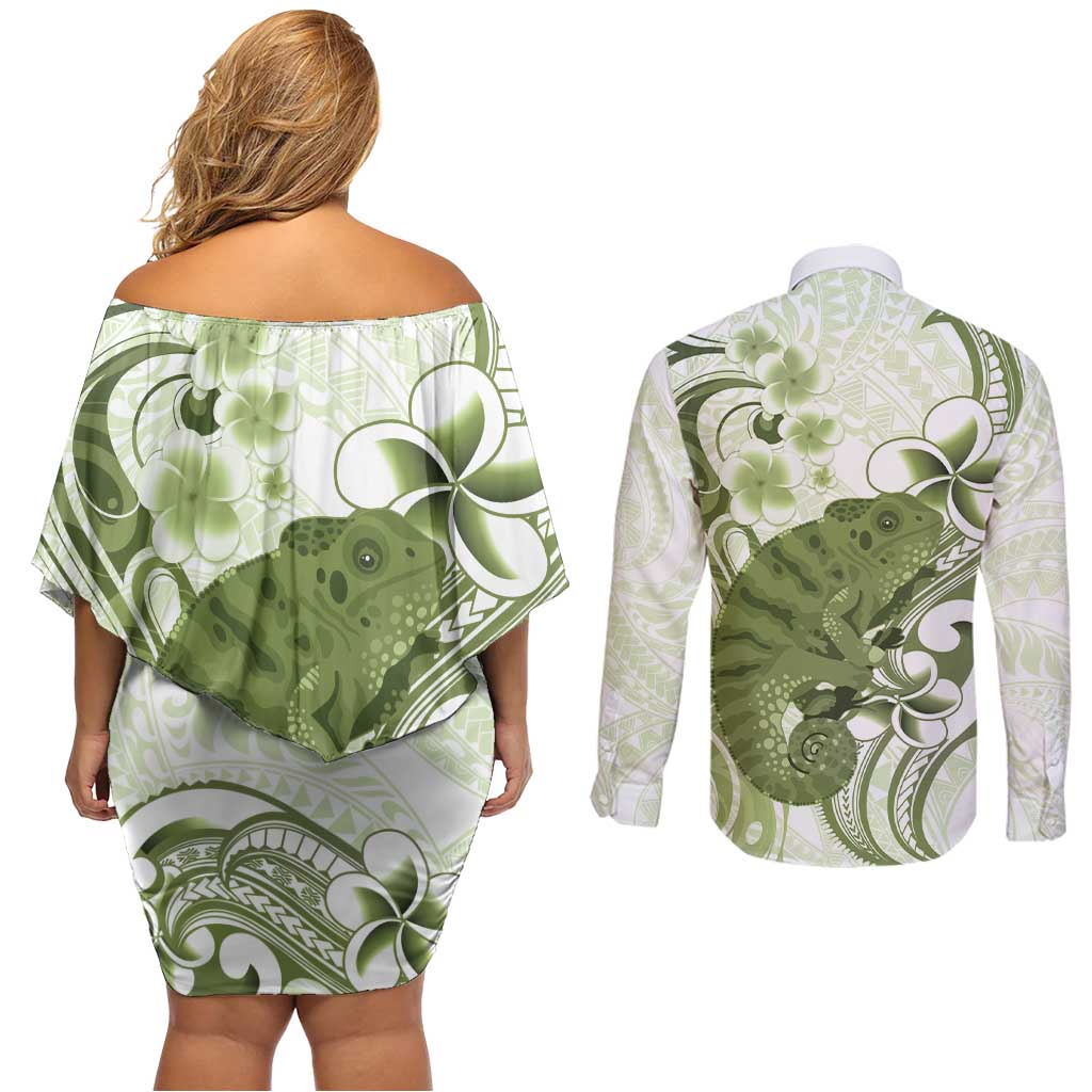 Green And White Hawaii Chameleon Couples Matching Off Shoulder Short Dress and Long Sleeve Button Shirt Plumeria Polynesian Tribal Art LT14 - Polynesian Pride