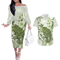 Green And White Hawaii Chameleon Couples Matching Off The Shoulder Long Sleeve Dress and Hawaiian Shirt Plumeria Polynesian Tribal Art LT14 Lime Green - Polynesian Pride