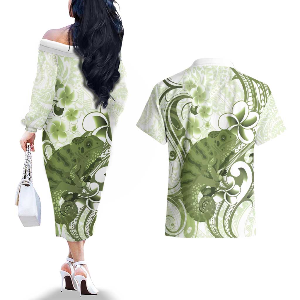 Green And White Hawaii Chameleon Couples Matching Off The Shoulder Long Sleeve Dress and Hawaiian Shirt Plumeria Polynesian Tribal Art LT14 - Polynesian Pride