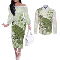 Green And White Hawaii Chameleon Couples Matching Off The Shoulder Long Sleeve Dress and Long Sleeve Button Shirt Plumeria Polynesian Tribal Art LT14 Lime Green - Polynesian Pride