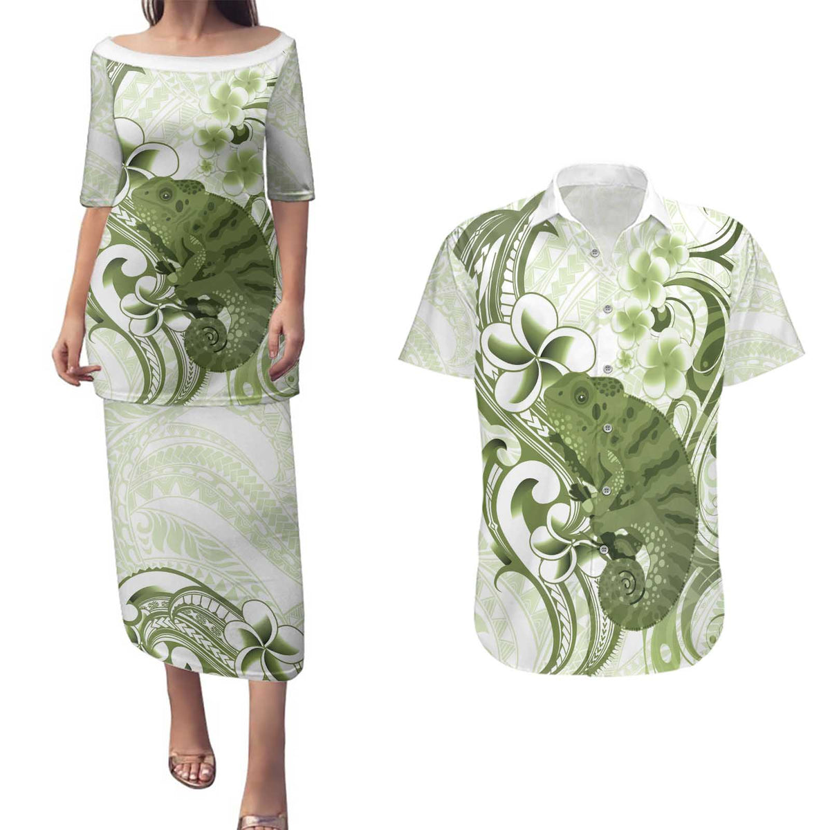 Green And White Hawaii Chameleon Couples Matching Puletasi and Hawaiian Shirt Plumeria Polynesian Tribal Art LT14 Lime Green - Polynesian Pride