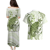 Green And White Hawaii Chameleon Couples Matching Puletasi and Hawaiian Shirt Plumeria Polynesian Tribal Art LT14 - Polynesian Pride