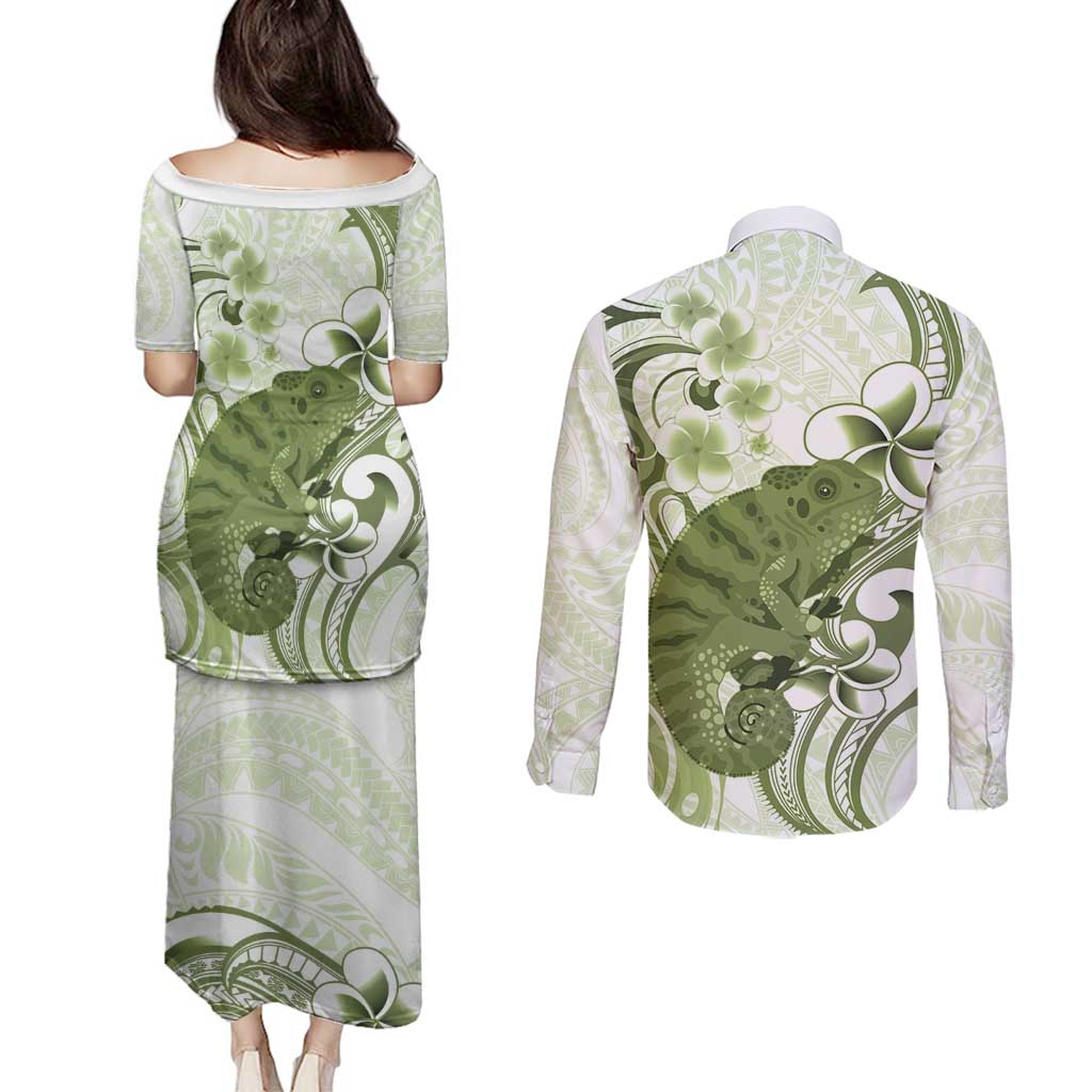 Green And White Hawaii Chameleon Couples Matching Puletasi and Long Sleeve Button Shirt Plumeria Polynesian Tribal Art LT14 - Polynesian Pride