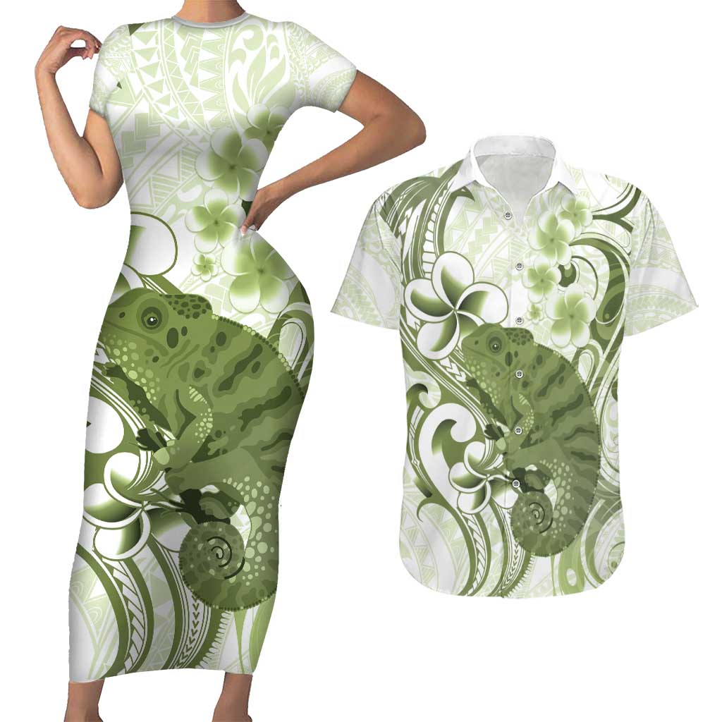 Green And White Hawaii Chameleon Couples Matching Short Sleeve Bodycon Dress and Hawaiian Shirt Plumeria Polynesian Tribal Art LT14 Lime Green - Polynesian Pride