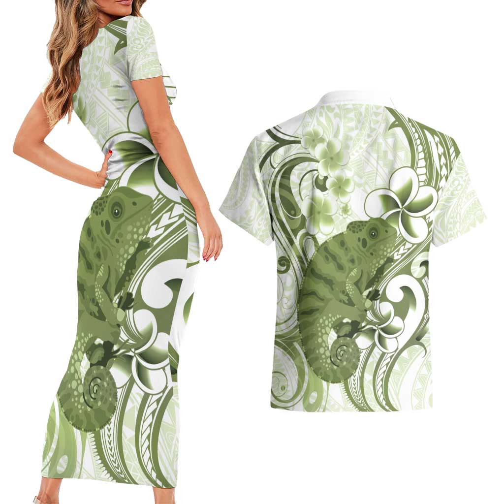 Green And White Hawaii Chameleon Couples Matching Short Sleeve Bodycon Dress and Hawaiian Shirt Plumeria Polynesian Tribal Art LT14 - Polynesian Pride