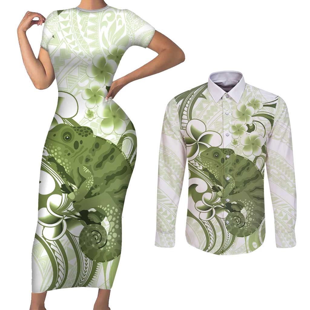 Green And White Hawaii Chameleon Couples Matching Short Sleeve Bodycon Dress and Long Sleeve Button Shirt Plumeria Polynesian Tribal Art LT14 Lime Green - Polynesian Pride