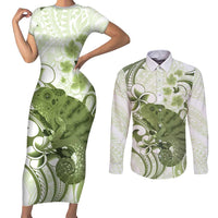 Green And White Hawaii Chameleon Couples Matching Short Sleeve Bodycon Dress and Long Sleeve Button Shirt Plumeria Polynesian Tribal Art LT14 Lime Green - Polynesian Pride