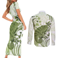 Green And White Hawaii Chameleon Couples Matching Short Sleeve Bodycon Dress and Long Sleeve Button Shirt Plumeria Polynesian Tribal Art LT14 - Polynesian Pride
